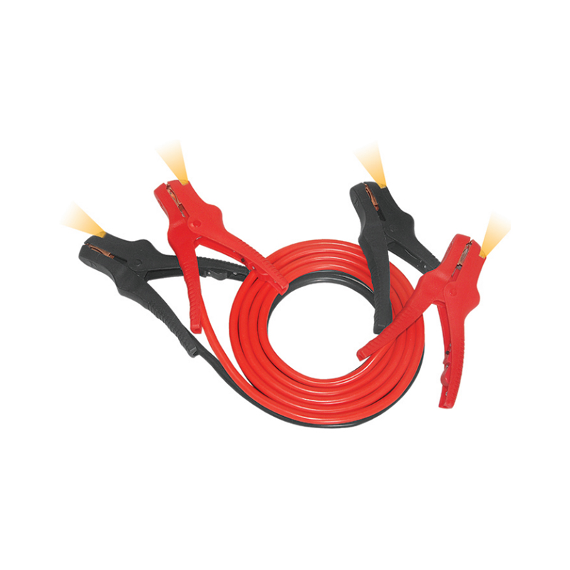 Automotive 25 mm2 jumper cable, CE approved, with maintenance lighting system, copper-clad aluminum conductors, red and black double parallel wires, plastic clips, copper-plated headers.